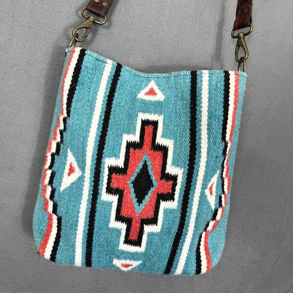 Scully Wool Crossbody Bag Women Blue Southwestern Woven Leather Strap Western